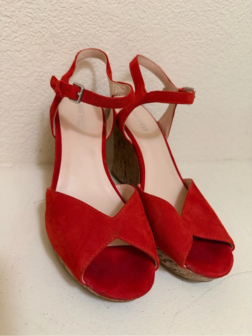 Nine West Red Suede Open-Toe Ankle-Strap Wedges